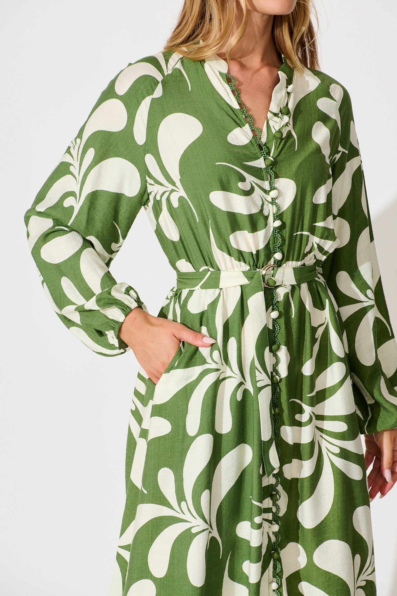 Peyton Midi Dress in Green with White Print