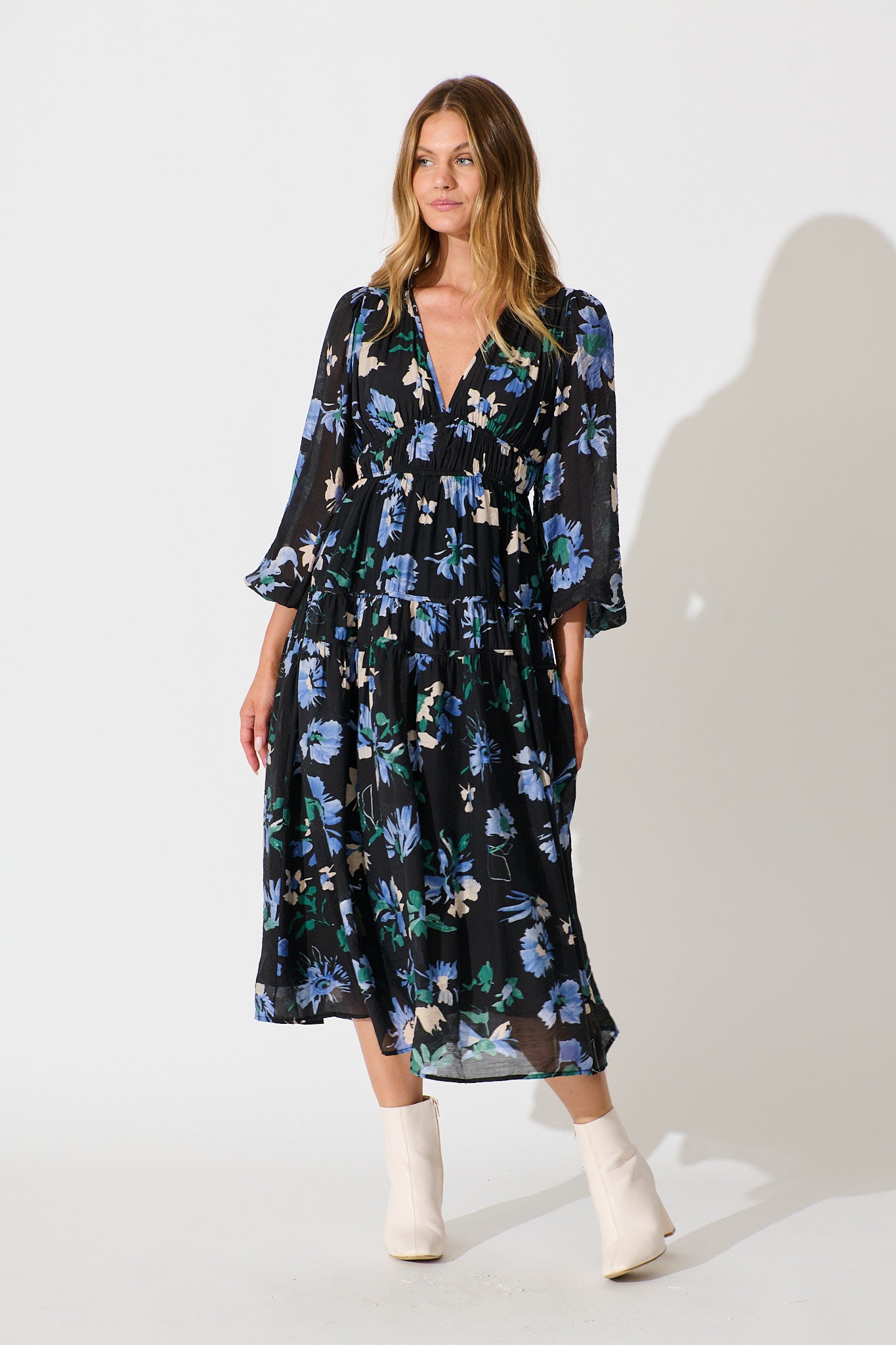Beeblossom Midi Dress in Black Base Floral