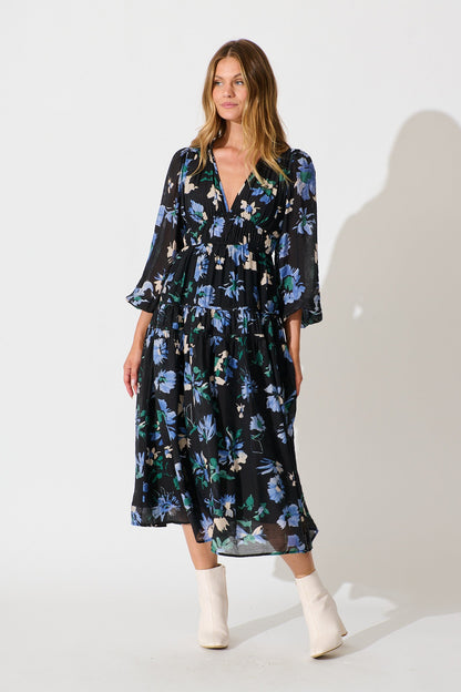 Beeblossom Midi Dress in Black Base Floral
