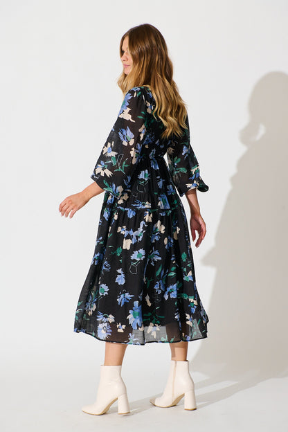 Beeblossom Midi Dress in Black Base Floral