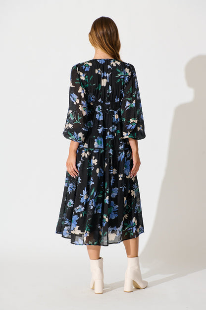 Beeblossom Midi Dress in Black Base Floral