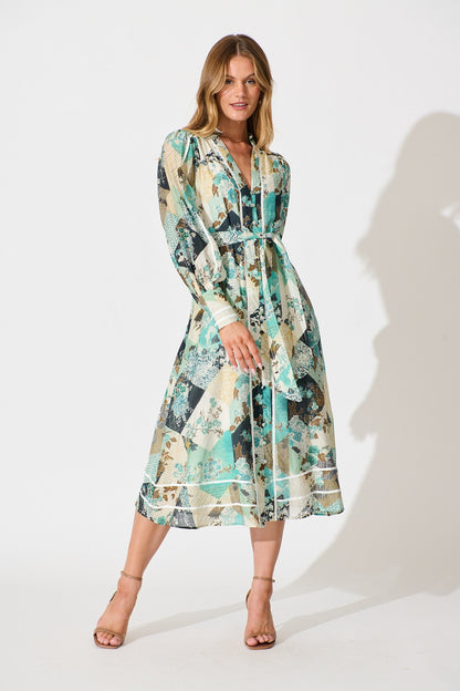 Jarren Midi Dress in Green Multi Floral with Contrast Trim Linen Blend