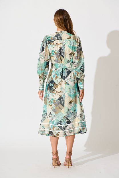 Jarren Midi Dress in Green Multi Floral with Contrast Trim Linen Blend