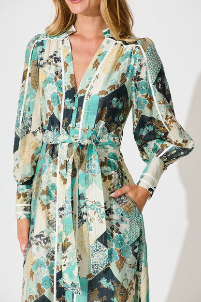 Jarren Midi Dress in Green Multi Floral with Contrast Trim Linen Blend