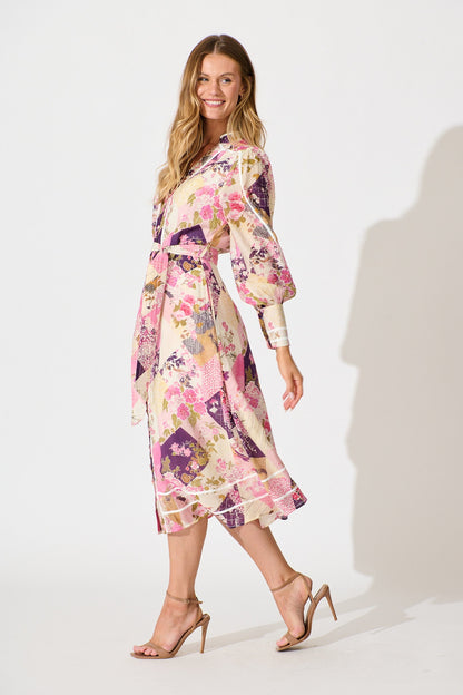 Jarren Midi Dress in Pink Multi Floral with Contrast Trim Linen Blend