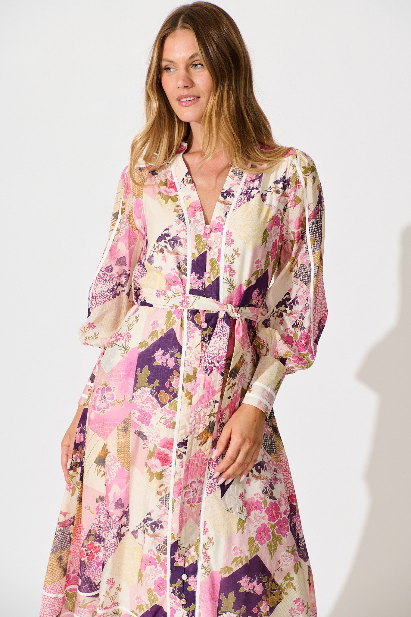 Jarren Midi Dress in Pink Multi Floral with Contrast Trim Linen Blend