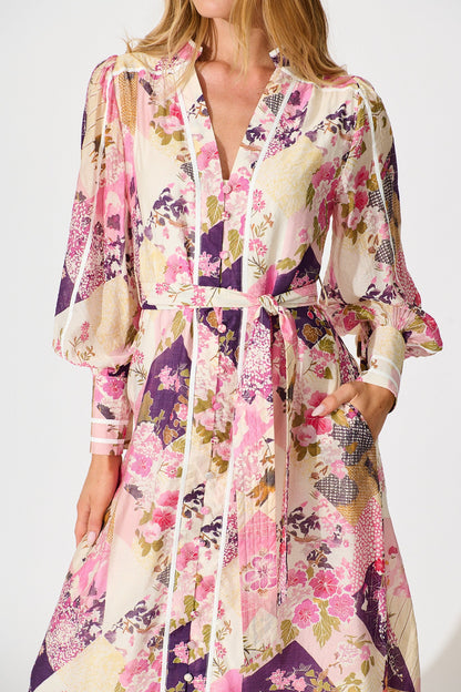 Jarren Midi Dress in Pink Multi Floral with Contrast Trim Linen Blend