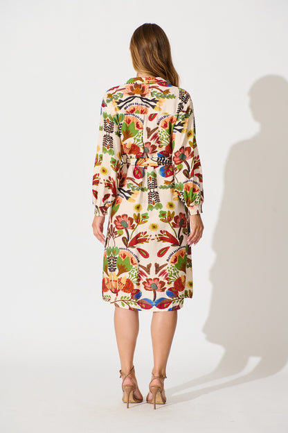 Fields Of Wonder Midi Shirt Dress in Cream with Multi Floral Print