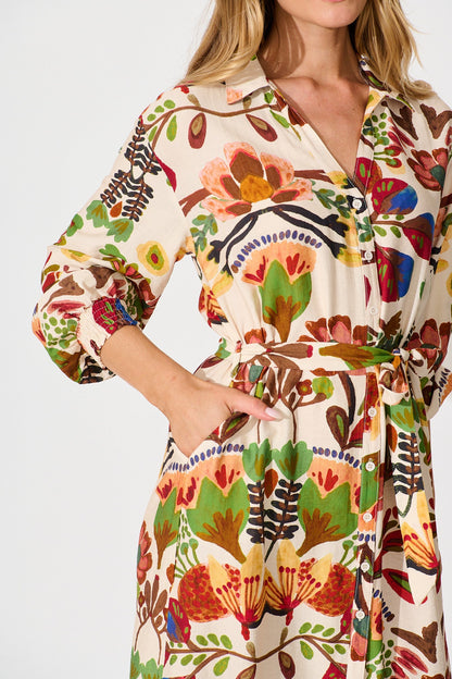 Fields Of Wonder Midi Shirt Dress in Cream with Multi Floral Print