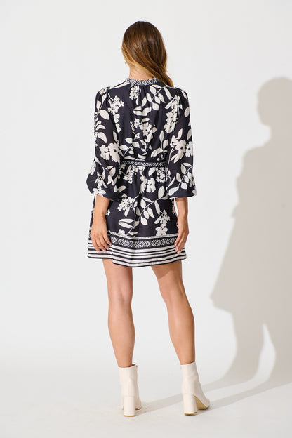 Valetta Dress in Black with White Linen Blend