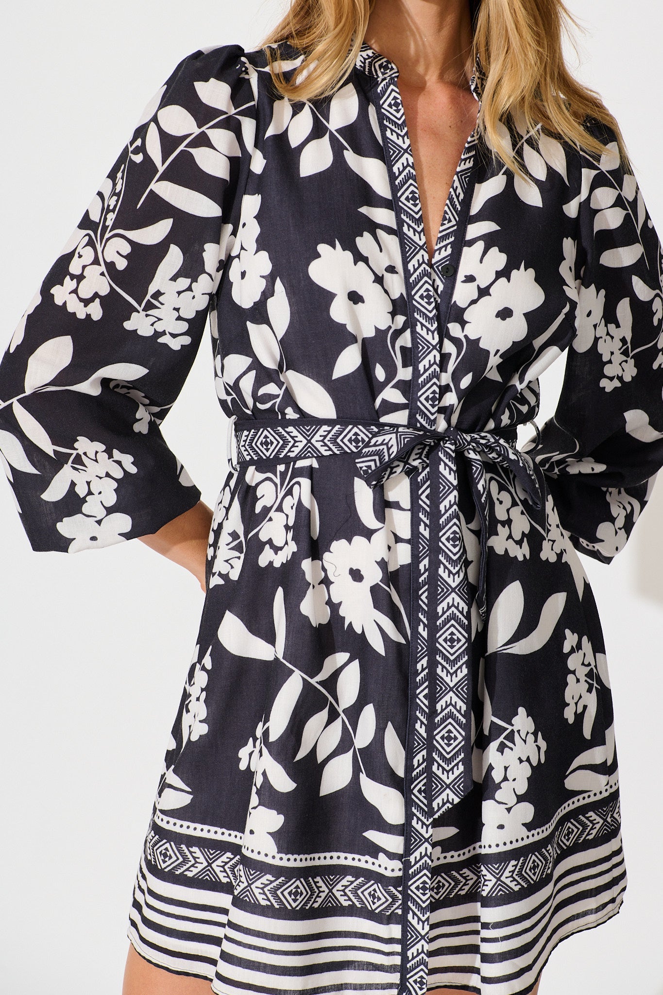 Valetta Dress in Black with White Linen Blend