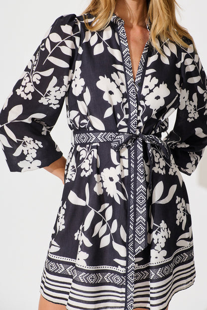 Valetta Dress in Black with White Linen Blend