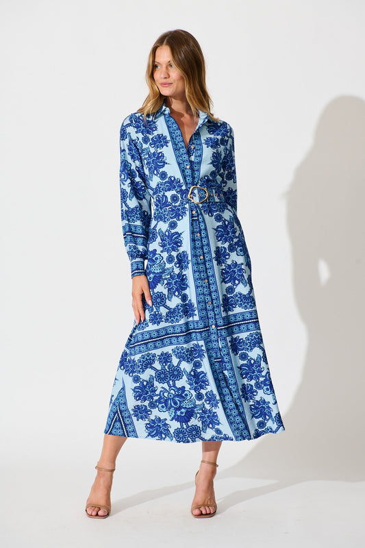 Avianna Midi Shirt Dress in Blue with Navy Border Print