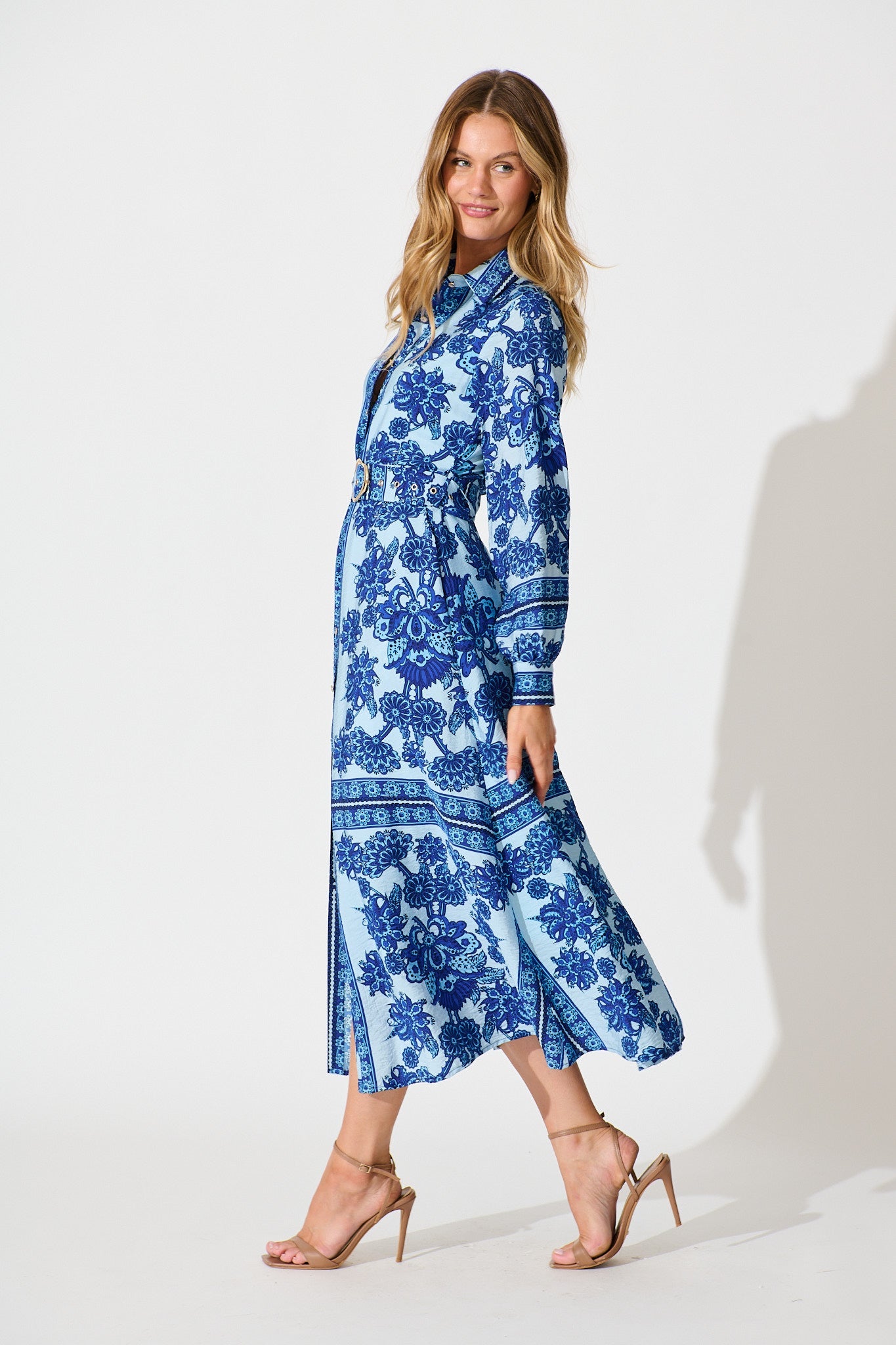 Avianna Midi Shirt Dress in Blue with Navy Border Print