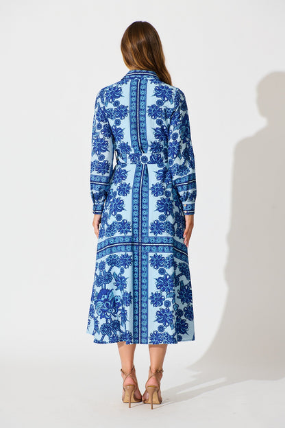 Avianna Midi Shirt Dress in Blue with Navy Border Print