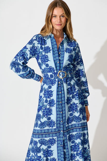 Avianna Midi Shirt Dress in Blue with Navy Border Print