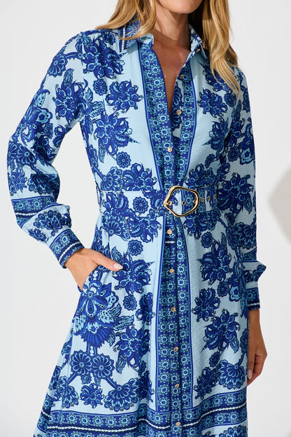 Avianna Midi Shirt Dress in Blue with Navy Border Print