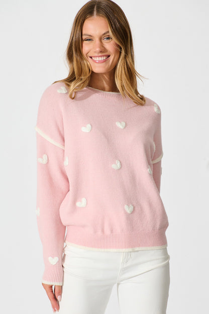 Angie Knit in Pink with Cream Heart Wool Blend