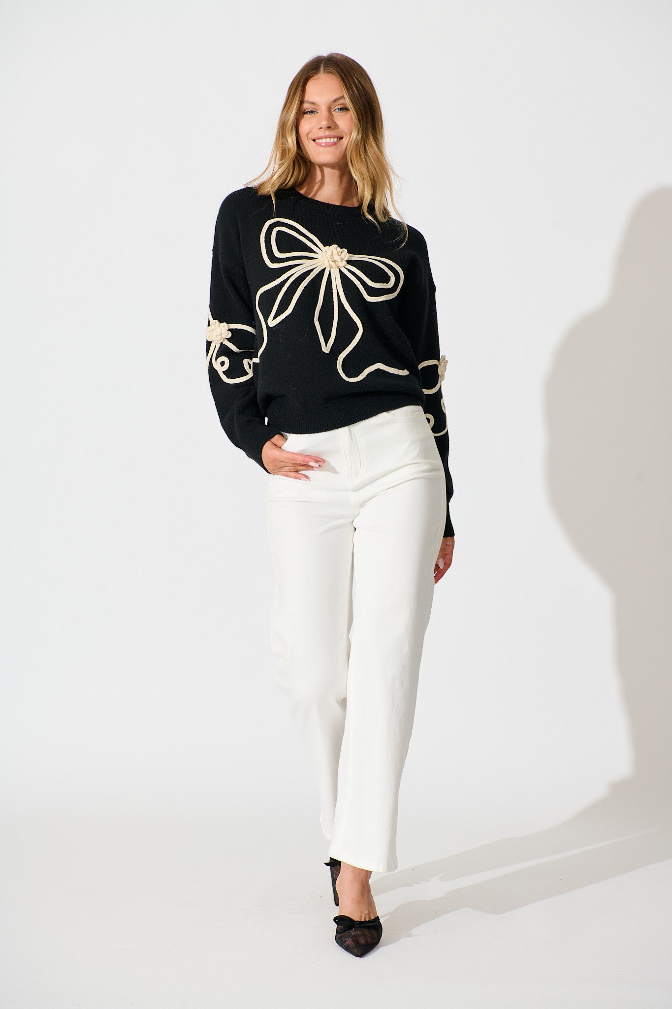 Rosa Knit in Black with Cream Bow Cotton Blend