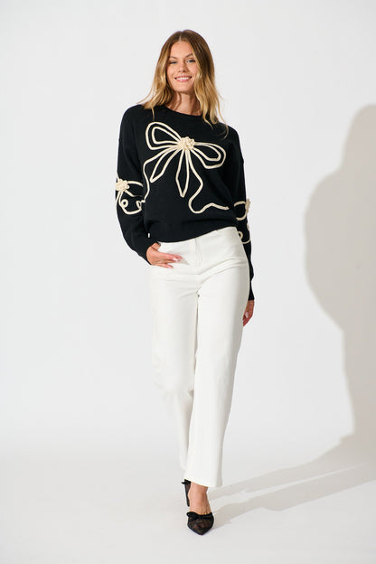 Rosa Knit in Black with Cream Bow Cotton Blend