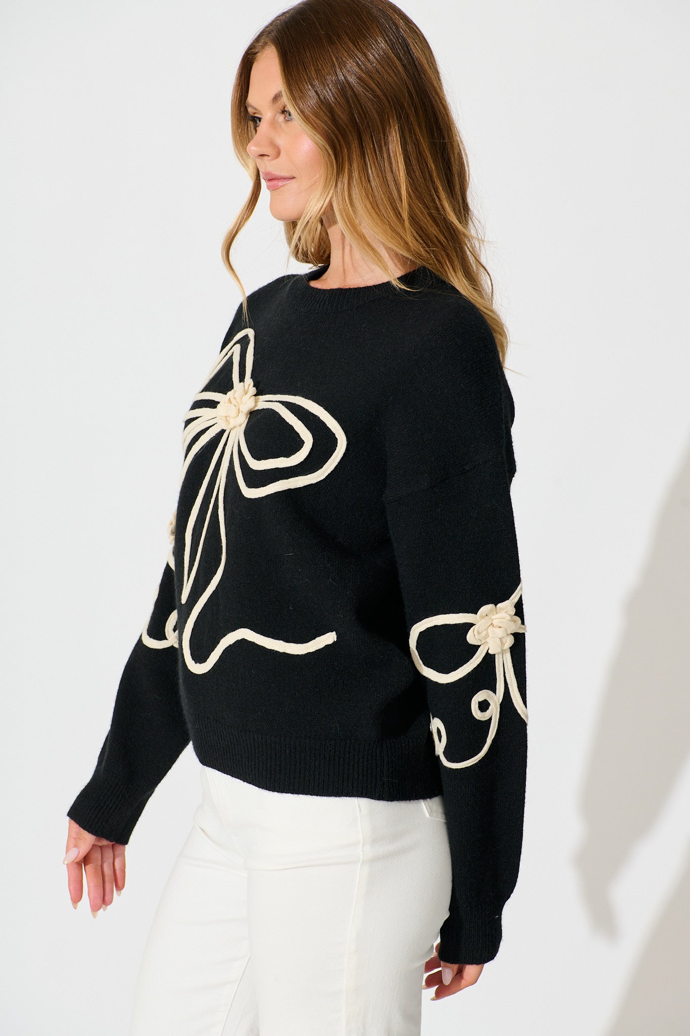 Rosa Knit in Black with Cream Bow Cotton Blend