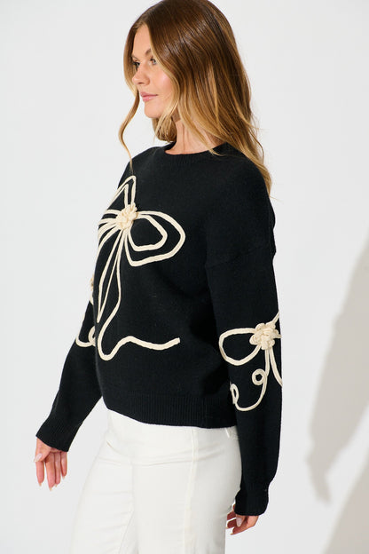 Rosa Knit in Black with Cream Bow Cotton Blend