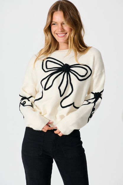 Rosa Knit in Cream with Black Bow Cotton Blend