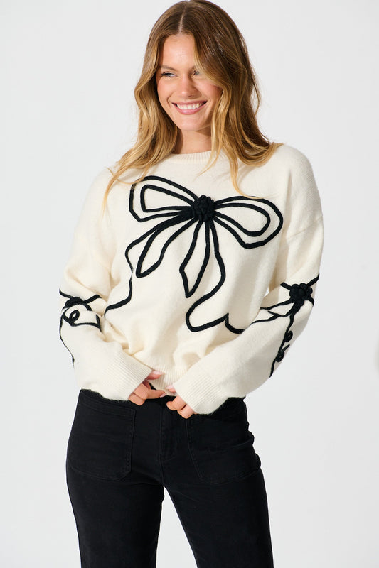 Rosa Knit in Cream with Black Bow Cotton Blend