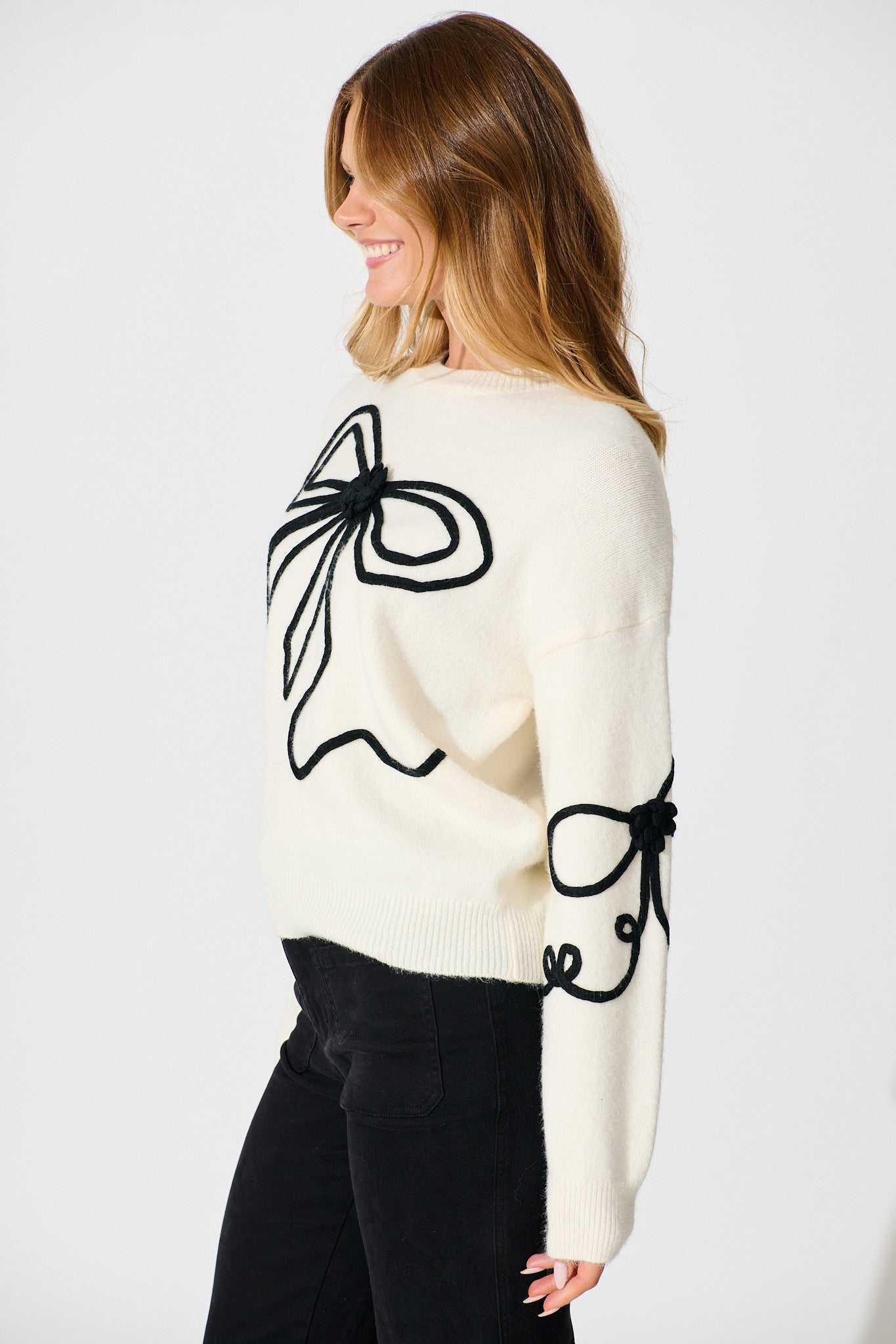 Rosa Knit in Cream with Black Bow Cotton Blend