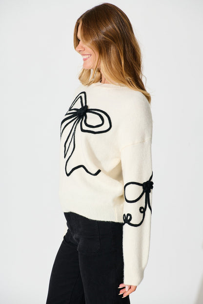 Rosa Knit in Cream with Black Bow Cotton Blend