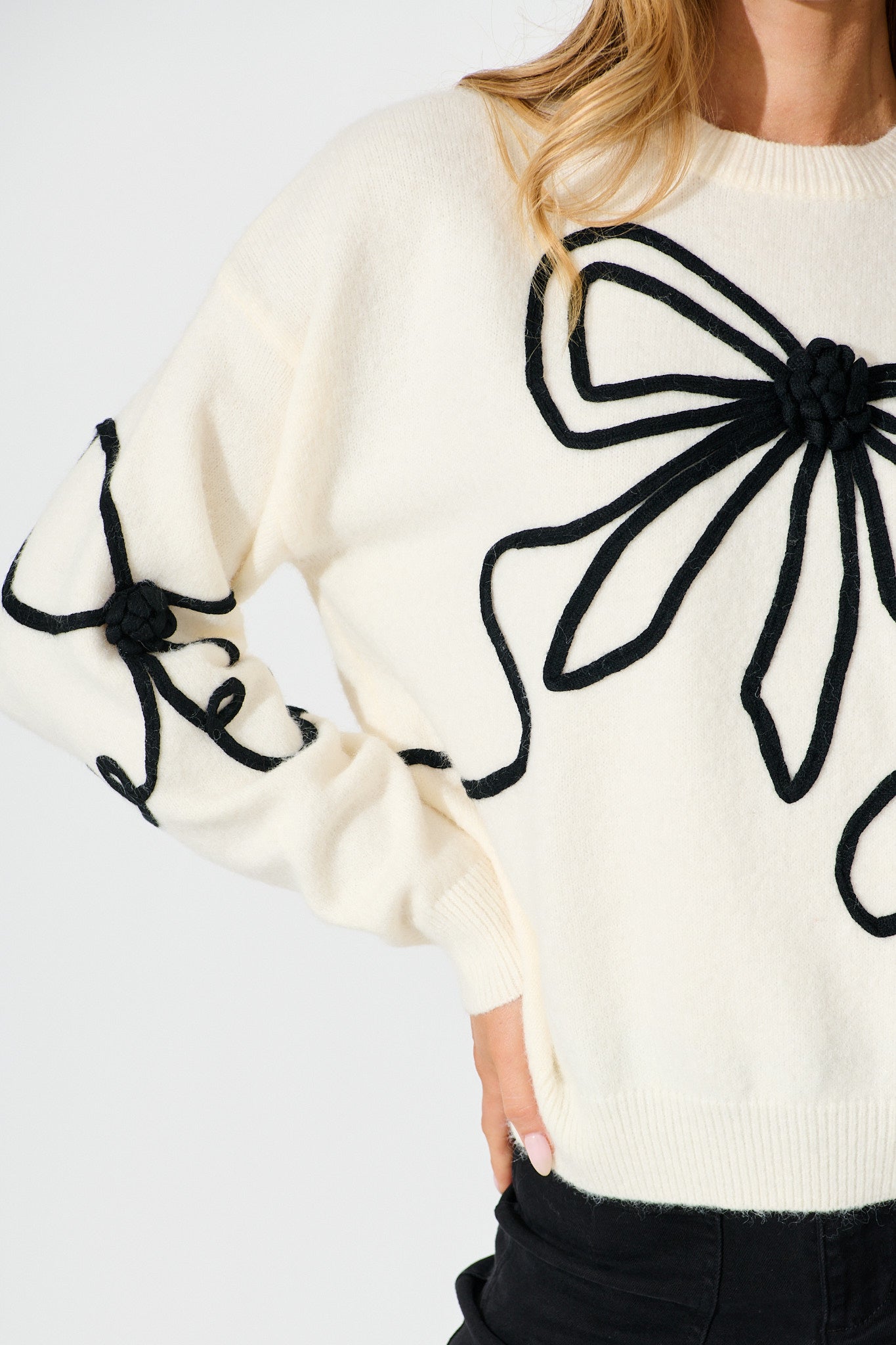 Rosa Knit in Cream with Black Bow Cotton Blend