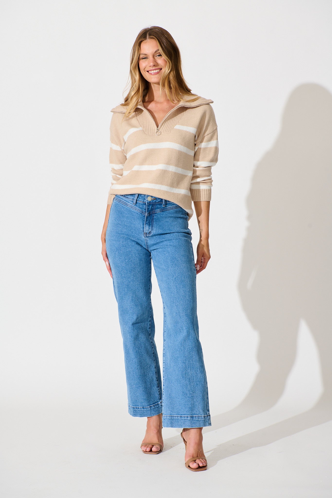 Serena Zip Knit in Beige with White Stripe Wool Blend