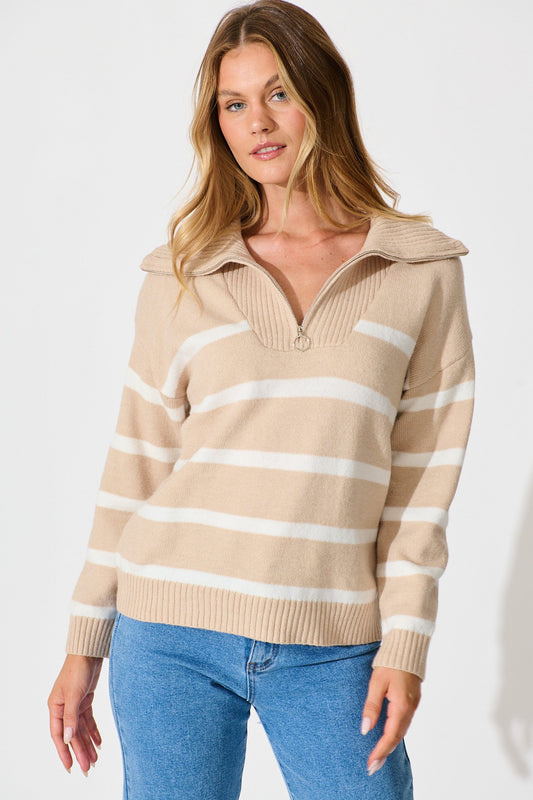 Serena Zip Knit in Beige with White Stripe Wool Blend