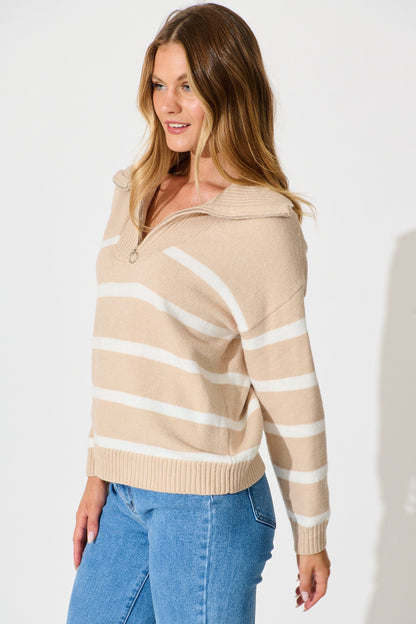 Serena Zip Knit in Beige with White Stripe Wool Blend