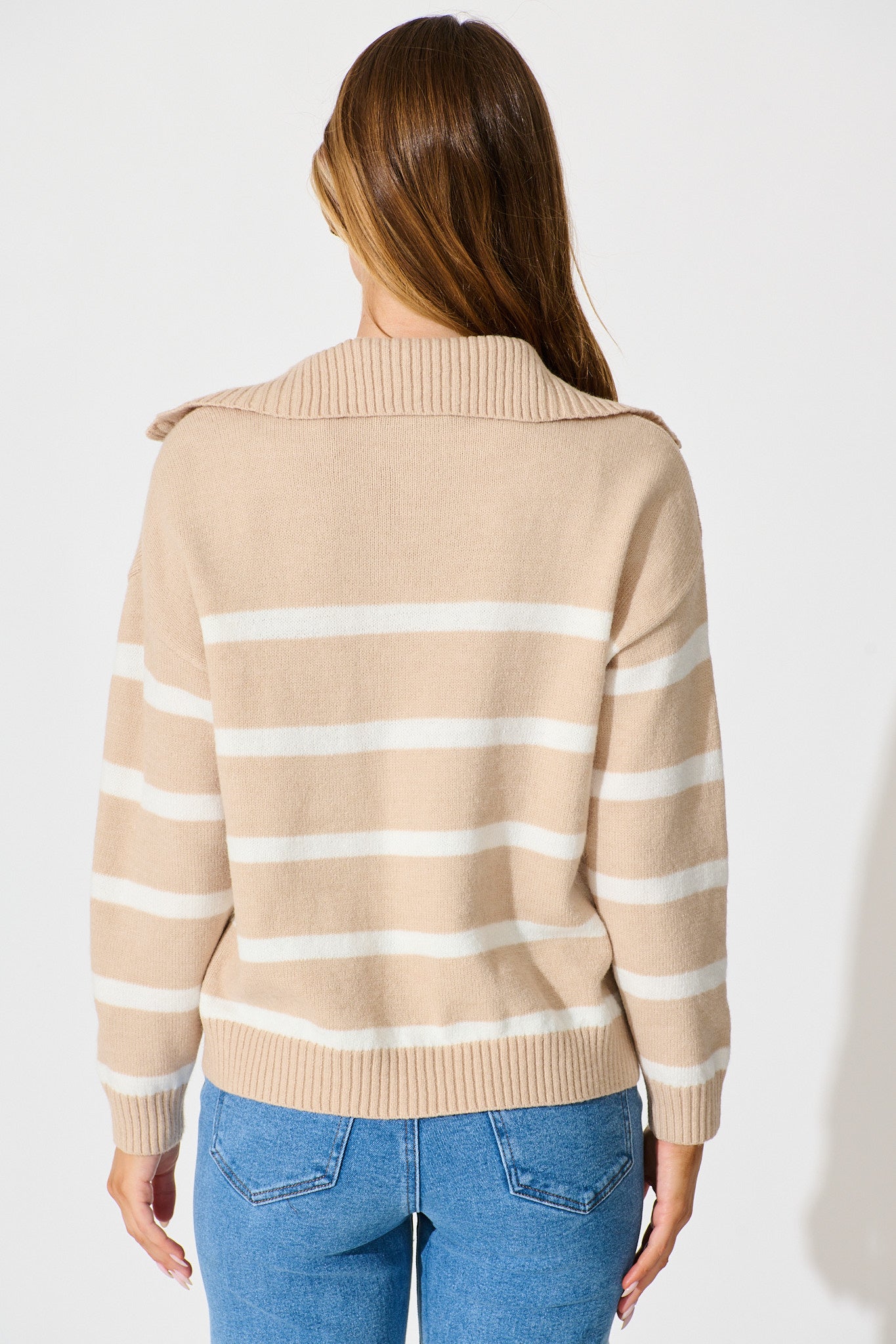Serena Zip Knit in Beige with White Stripe Wool Blend