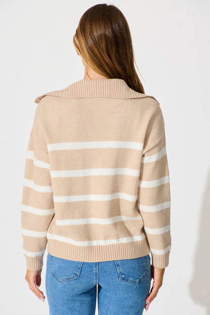 Serena Zip Knit in Beige with White Stripe Wool Blend