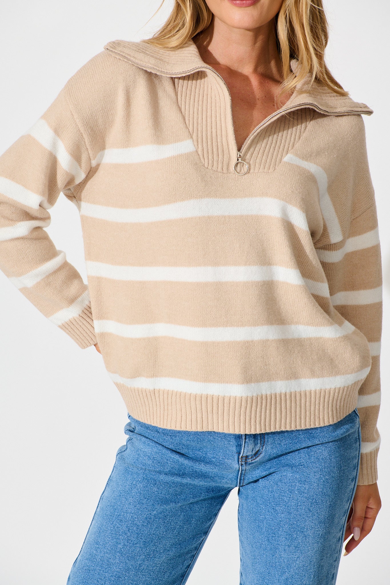 Serena Zip Knit in Beige with White Stripe Wool Blend