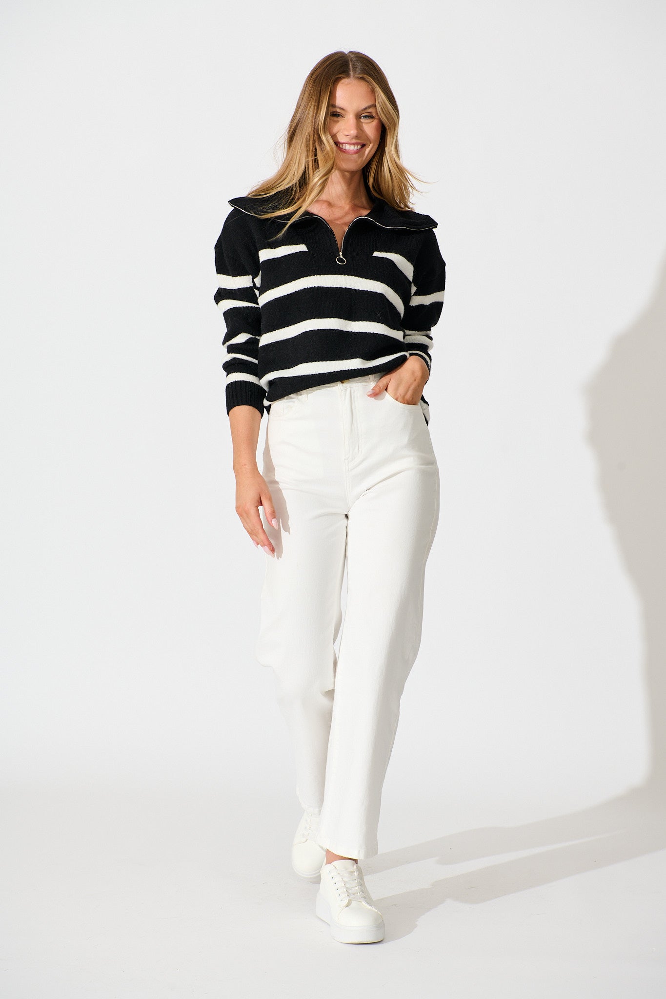 Serena Zip Knit in Black with White Stripe Wool Blend