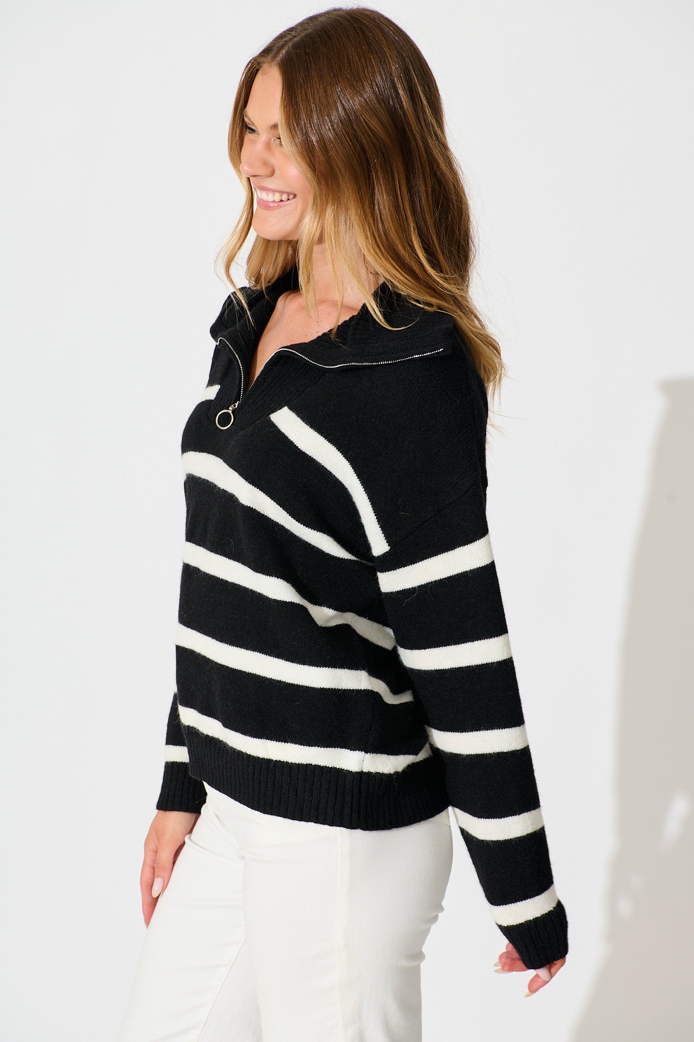 Serena Zip Knit in Black with White Stripe Wool Blend