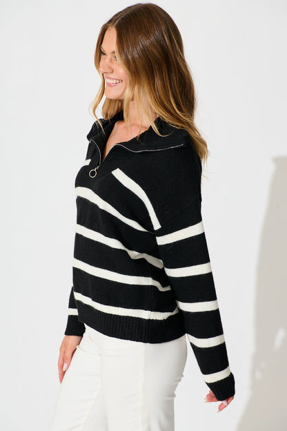 Serena Zip Knit in Black with White Stripe Wool Blend