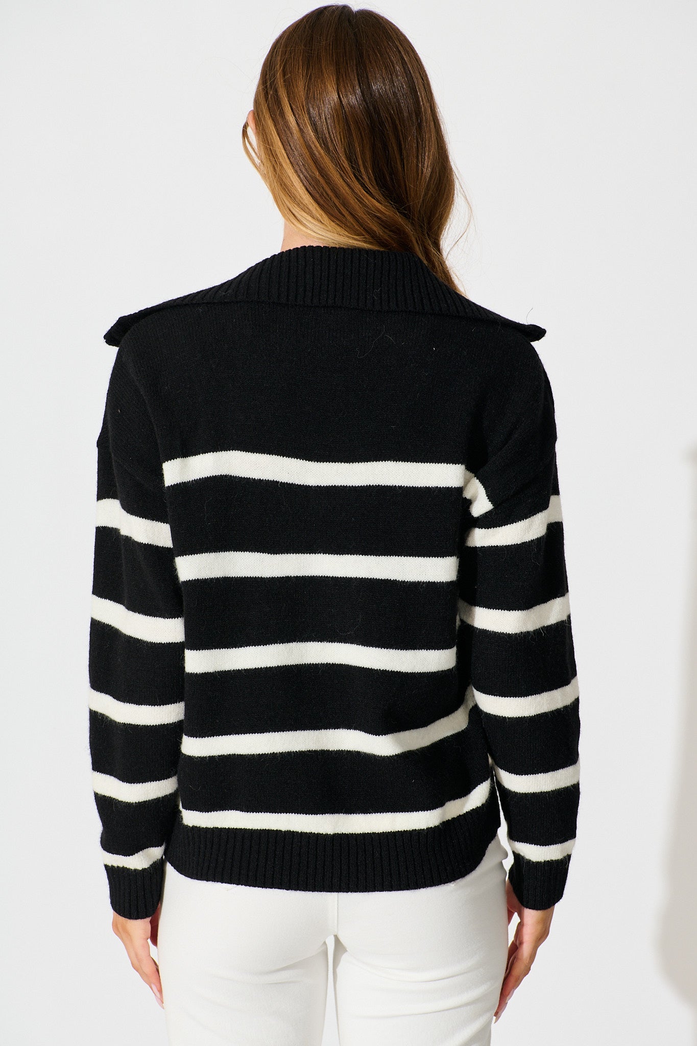 Serena Zip Knit in Black with White Stripe Wool Blend
