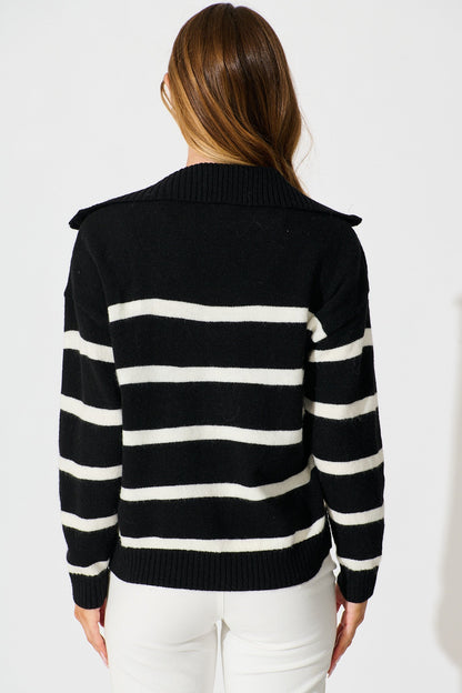 Serena Zip Knit in Black with White Stripe Wool Blend