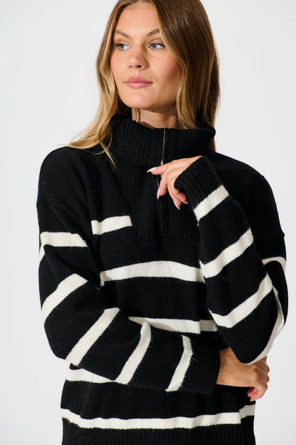Serena Zip Knit in Black with White Stripe Wool Blend