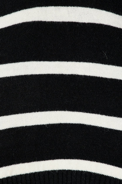 Serena Zip Knit in Black with White Stripe Wool Blend