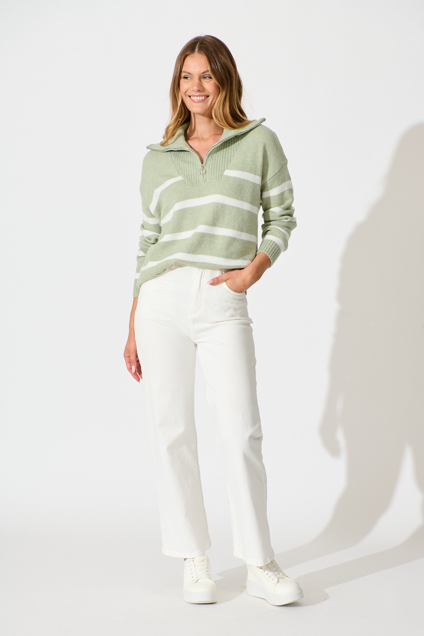 Serena Zip Knit in Sage with White Stripe Wool Blend