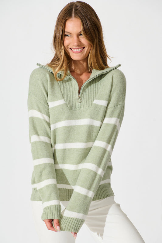 Serena Zip Knit in Sage with White Stripe Wool Blend
