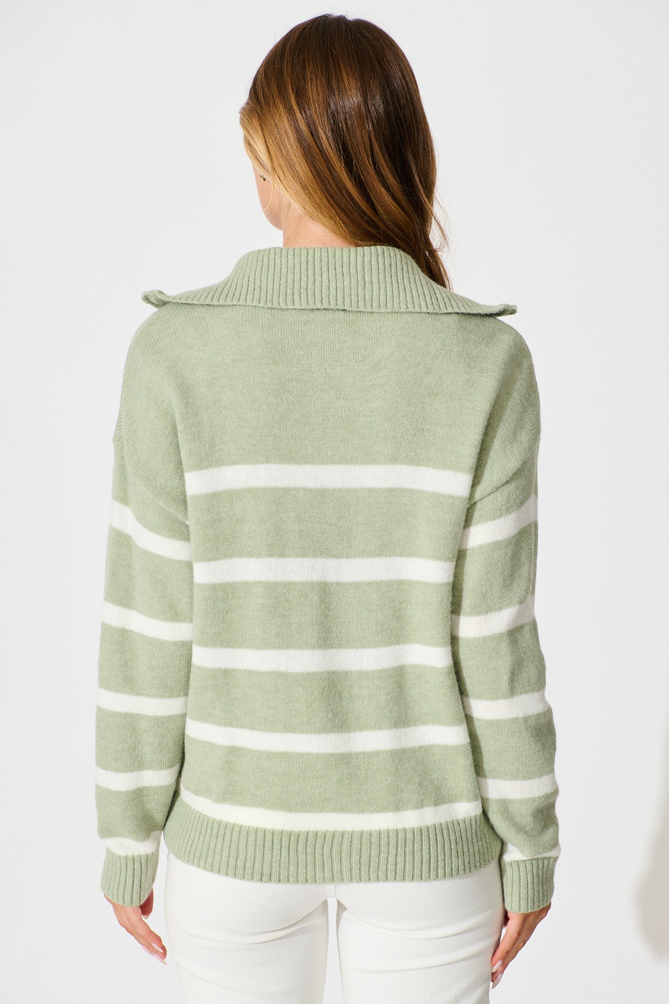 Serena Zip Knit in Sage with White Stripe Wool Blend