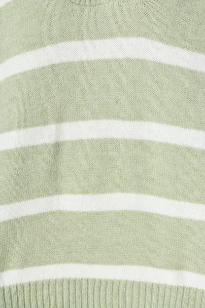 Serena Zip Knit in Sage with White Stripe Wool Blend