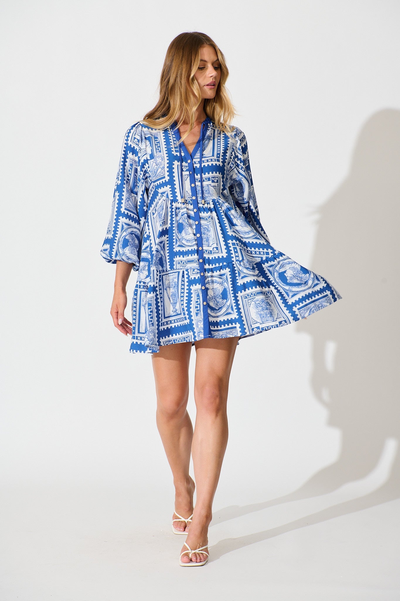 Rayla Smock Dress in Blue with White Stamp Print
