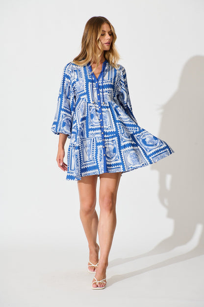 Rayla Smock Dress in Blue with White Stamp Print